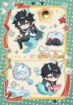  1boy :&lt; aqua_eyes aqua_horns aqua_tail black_cat black_gloves black_hair blue_border border cat character_name chibi cleavage_cutout clothing_cutout collared_shirt colored_inner_hair crossed_legs dan_heng_(honkai:_star_rail) dan_heng_(imbibitor_lunae)_(honkai:_star_rail) dan_heng_(rice_dumpling)_(honkai:_star_rail) dot_nose earrings expressionless eyeliner fingerless_gloves flower frown full_body gloves hair_between_eyes hand_on_own_leg hand_up highres holding holding_flower honkai:_star_rail honkai_(series) horns invisible_chair jewelry long_hair lotus makeup multicolored_hair multiple_views no_nose pointy_ears red_eyeliner shirt single_bare_shoulder sitting tassel very_long_hair xiaoshu 