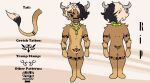 animal_humanoid anthro arm_tattoo black_hair bovid bovine brown_body brown_fur cattle digital_media_(artwork) eyebrow_scar facial_piercing facial_scar facial_tattoo fur hair highlights_(coloring) horn humanoid jewelry leg_tattoo male mammal mammal_humanoid model_sheet necklace nose_piercing nude ourobunny_(artist) piercing rip_(ji-u) scar simple_background solo standing tail tattoo text tramp_stamp tuft womb_tattoo