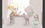  2boys blonde_hair flower_pot full_body glasses highres holding holding_flower_pot indoors inkling_boy inkling_player_character leggings_under_shorts medium_hair multiple_boys octopus orange_eyes plant pointy_ears potted_plant purple_eyes round_eyewear sandals short_hair spl8ya splatoon_(series) standing sunlight tentacle_hair unfinished white_hair window 