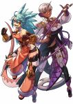  2girls :d aqua_hair bare_shoulders blonde_hair breasts commentary_request dark_skin detached_leggings dragon_girl dragon_horns dragon_tail elbow_gloves fingerless_gloves full_body gloves grin highres holding holding_whip horns large_breasts long_hair looking_at_viewer multiple_girls navel orange_eyes original pants ponytail purple_eyes rumie samya_(rumie) scar scar_on_face scar_on_nose sharp_teeth short_hair single_horn small_breasts smile tail teeth tiona toeless_footwear very_dark_skin very_short_hair whip white_background 