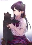  1girl animal animal_ears black_cat black_hair black_pantyhose bow bowtie cat collared_shirt facing_another hair_between_eyes highres holding holding_animal holding_cat itan_private_high_school_uniform kachin komi-san_wa_komyushou_desu komi_shouko long_hair open_mouth pantyhose pleated_skirt purple_eyes school_uniform shirt sitting skirt tail twintails wariza white_shirt 