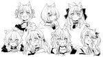  6+girls absurdres ahoge animal_ears blush bow braid cat_day cat_ears cat_girl choker closed_mouth collarbone commentary_request covered_collarbone cropped_torso crossed_bangs double_bun dress_shirt fangs greyscale hair_bow hair_bun hair_ornament highres hood hood_down hooded_jacket hoodie igarashi_rika igarashi_rika_(1st_costume) ishigami_nozomi jacket kaburaki_roco kaburaki_roco_(1st_costume) kashikaze kemonomimi_mode koshimizu_toru koshimizu_toru_(1st_costume) kuramochi_meruto kuramochi_meruto_(1st_costume) long_hair looking_at_viewer monochrome multiple_girls neck_ribbon nijisanji o-ring o-ring_choker off_shoulder open_mouth polka_dot polka_dot_bow ribbon shirt shishido_akari short_hair side_braids side_ponytail sidelocks simple_background single_side_bun sleeveless sleeveless_shirt slit_pupils sophia_valentine sophia_valentine_(1st_costume) spiked_choker spikes tongue tongue_out twin_braids upper_body virtual_youtuber zipper_pull_tab 