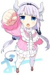  1girl :o arm_up beads blue_eyes bonbas24 clenched_hand dragon_horns electric_plug_tail flats foreshortening frilled_shirt frills full_body hair_beads hair_ornament horns kanna_kamui kobayashi-san_chi_no_maidragon long_hair long_sleeves looking_at_viewer low_twintails open_mouth pink_shirt red_footwear shirt simple_background solo standing thighhighs twintails two-tone_shirt white_background white_horns white_shirt white_thighhighs 