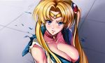  1girl bishoujo_senshi_sailor_moon biting blonde_hair blue_eyes blush breasts cleavage crescent crescent_earrings earrings hair_ornament highres ikamochi_kalong jewelry large_breasts lip_biting sailor_collar sailor_moon sailor_moon_redraw_challenge solo torn_clothes tsukino_usagi twintails 