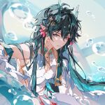  1boy adapted_costume aqua_eyes aqua_horns armpit_peek artist_name bishounen black_hair blue_background braid cleavage_cutout closed_mouth clothing_cutout collared_shirt colored_inner_hair crescent crescent_hair_ornament dan_heng_(honkai:_star_rail) dan_heng_(imbibitor_lunae)_(honkai:_star_rail) detached_sleeves earrings flower hair_flower hair_ornament highres honkai:_star_rail honkai_(series) horns jewelry leaning_forward long_sleeves looking_at_viewer male_focus multicolored_hair octagram_hair_ornament pectoral_cleavage pectorals pink_flower pointy_ears shirt single_bare_shoulder solo tassel translucent_horns upper_body water_drop yeurei 
