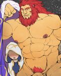  1boy 1other abs absurdres arm_up bara beard blush caineghis_(fire_emblem) cape clenched_hand cloak commentary_request facial_hair fire_emblem fire_emblem_heroes fur-trimmed_cape fur_trim glensaru hand_on_own_hip highres hood hood_up hooded_cloak kiran_(fire_emblem) looking_at_another male_focus muscular muscular_male nipples nude one_eye_closed open_mouth pectorals penis_out_of_frame pubic_hair red_hair yellow_eyes 