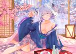  1girl animal_ears arm_support arm_up bath_yukata blue_archive blue_eyes blue_hair blue_kimono breasts closed_mouth collarbone forest_0 hair_between_eyes hand_fan japanese_clothes kimono light_blue_hair long_sleeves looking_at_viewer multicolored_eyes off_shoulder onsen pink_eyes purple_eyes shigure_(blue_archive) shigure_(hot_spring)_(blue_archive) short_hair smile solo tokkuri weasel_ears wide_sleeves yagasuri yukata 