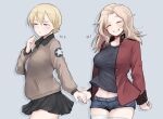  2girls absurdres alternate_costume black_shirt black_skirt blonde_hair blue_background blue_eyes blue_shorts blush braid breasts closed_eyes darjeeling_(girls_und_panzer) french_braid girls_und_panzer grin heart highres holding_hands kay_(girls_und_panzer) large_breasts long_hair m1saki_1 military_uniform miniskirt multiple_girls navel open_mouth saunders_military_uniform shirt short_shorts shorts simple_background skirt smile st._gloriana&#039;s_military_uniform thighhighs uniform white_shirt white_thighhighs yuri 