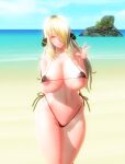  3d areola_slip beach bikini blonde_hair breasts custom_maid_3d_2 cynthia_(pokemon) highres huge_breasts large_breasts looking_at_viewer micro_bikini navel negakuraimu ocean pokemon smile swimsuit tagme thighs v yellow_eyes 