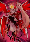  1boy 1girl black_thighhighs blonde_hair chandllucky charlie_morningstar colored_sclera demon_boy demon_girl demon_horns demon_tail demon_wings dress father_and_daughter fire hat hazbin_hotel highres horns long_hair lucifer_(hazbin_hotel) multiple_wings red_dress red_horns red_sclera sharp_teeth slit_pupils suit tail teeth thighhighs wings 