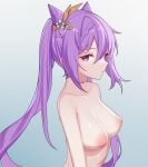  1girl absurdres balloon_79 breasts cleavage collarbone completely_nude cone_hair_bun double_bun from_side genshin_impact hair_bun hair_ears hair_ornament highres inverted_nipples keqing_(genshin_impact) long_hair looking_at_viewer medium_breasts nude purple_eyes purple_hair solo twintails upper_body 