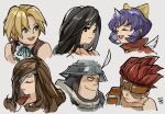  3boys 3girls adelbert_steiner armor beatrix_(ff9) belt black_hair blank_(ff9) blonde_hair blue_eyes bow brown_eyes brown_hair burmecian choker closed_eyes commentary_request eiko_carol eyepatch facial_hair final_fantasy final_fantasy_ix garnet_til_alexandros_xvii hair_bow hat_feather helmet highres horns lipgloss long_hair low_ponytail multiple_boys multiple_girls open_mouth portrait purple_hair red_hair short_hair single_horn smile spiked_hair stubble uzutanco vest yellow_bow zidane_tribal 