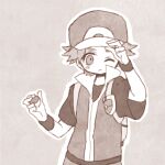  1boy adjusting_clothes adjusting_headwear arm_up backpack bag baseball_cap commentary expressionless grey_background hands_up hat high_collar holding holding_poke_ball jacket male_focus mgomurainu monochrome one_eye_closed outline poke_ball pokemon pokemon_frlg red_(pokemon) short_hair short_sleeves simple_background solo standing upper_body white_outline wristband 