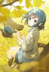 1girl absurdres bench black_socks blue_dress blue_eyes blue_hair blurry blurry_foreground blush bob_cut braid casual commentary dappled_sunlight day delicious_party_precure depth_of_field dress falling_leaves from_side fuwa_kokone ginkgo_leaf hair_ornament hairclip highres holding holding_leaf jacket leaf long_sleeves on_bench outdoors park_bench precure shorin_(sy0r1nacco) short_dress sitting sitting_on_bench smile socks solo sunlight twitter_username white_jacket wind yellow_leaves 