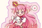  ... 1girl :d animal blonde_hair blue_eyes blush bow bright_pupils brooch cowboy_shot crown cure_wonderful daifuku_(precure) dot_nose dress_bow earrings hairband hakuchuu heart heart_brooch highres holding holding_animal inukai_komugi jewelry long_hair looking_at_viewer magical_girl mini_crown multicolored_eyes multicolored_hair open_mouth paw_print pink_background pink_hair plaid plaid_background pouch precure puffy_sleeves purple_bow purple_eyes rabbit smile spoken_paw standing streaked_hair striped_bow two-tone_hair two_side_up wonderful_precure! wrist_cuffs yellow_hairband 