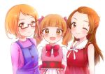  3girls aisaki_emiru blue_overalls blunt_bangs bow bowtie brown_hair closed_mouth collared_dress commentary dokidoki!_precure dress glasses hair_bow highres hugtto!_precure in-franchise_crossover long_hair long_sleeves looking_at_viewer madoka_aguri medium_hair multiple_girls naganegisha neck_ribbon one_eye_closed open_mouth orange_eyes orange_hair overalls pink_dress pink_shirt precure puffy_short_sleeves puffy_sleeves red-framed_eyewear red_bow red_bowtie red_dress red_eyes ribbon semi-rimless_eyewear shirabe_ako shirt short_hair short_sleeves side-by-side simple_background sleeveless sleeveless_dress smile suite_precure trait_connection twintails under-rim_eyewear white_background white_ribbon 