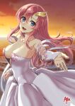  1girl abo_(hechouchou) blue_eyes blush breasts cleavage cloud cloudy_sky cowboy_shot detached_sleeves gundam gundam_seed gundam_seed_destiny hair_ornament hairclip lacus_clyne long_hair looking_at_viewer medium_breasts ocean open_mouth outdoors petals pink_hair sky smile solo sunset water 