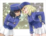  2girls andou_(girls_und_panzer) angry bc_freedom_military_uniform black_hair blonde_hair blue_eyes breasts brown_eyes commentary_request crossed_arms dark_skin girls_und_panzer hair_between_eyes hand_on_hip haniwa_(leaf_garden) hat highres kepi lightning_glare long_hair long_sleeves military military_uniform multiple_girls open_mouth oshida_(girls_und_panzer) pleated_skirt skirt uniform 