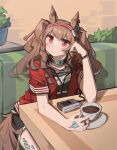  1girl absurdres angelina_(arknights) animal_ears arknights brown_hair cassette_player closed_mouth commentary commission cup earphones english_commentary fox_ears fox_girl fox_tail highres infection_monitor_(arknights) jacket long_hair oripathy_lesion_(arknights) red_eyes red_jacket short_sleeves sitting solo tail teacup togekk0 