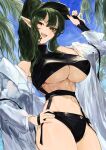  1girl absurdres arknights bikini black_bikini breasts gavial_(arknights) green_hair hand_on_own_hip highres kajuu long_sleeves palm_leaf palm_tree pointy_ears shirt strap swimsuit tree underboob upper_body visor_cap white_shirt yellow_eyes 