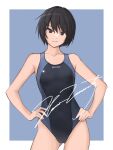  1girl amagami ass_visible_through_thighs black_eyes black_hair black_one-piece_swimsuit blue_background blue_one-piece_swimsuit border breasts cleavage closed_mouth competition_swimsuit covered_navel cowboy_shot hand_on_own_hip hanna_lancaster highleg highleg_swimsuit highres looking_at_viewer nanasaki_ai one-piece_swimsuit outside_border short_hair signature small_breasts solo swimsuit two-tone_background two-tone_swimsuit white_border 