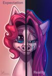 bodily_fluids crying curled_hair equid equine female feral friendship_is_magic front_view hair hasbro horse long_hair mammal my_little_pony pinkamena_(mlp) pinkie_pie_(mlp) pony short_hair smile solo split_screen stirren straight_hair tears