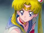  1girl bishoujo_senshi_sailor_moon blonde_hair blue_eyes blue_sailor_collar breasts choker cleavage collarbone crescent crescent_earrings derivative_work diadem earrings hair_bun hair_over_shoulder heart heart_choker jewelry long_hair red_choker sailor_collar sailor_moon sailor_moon_redraw_challenge sailor_senshi sailor_senshi_uniform screencap_redraw solo tanaka_masayoshi tsukino_usagi twintails upper_body 