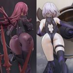  2girls 3d ass bodysuit boots cutout elbow_gloves fate/grand_order fate_(series) gloves grey_hair high_heel_boots high_heels highres leslyzerosix long_hair mash_kyrielight multiple_girls polearm purple_hair scathach_(fate)_(all) scathach_(fate/grand_order) shield short_hair spear weapon 