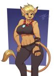  2017 5_fingers anthro belt blonde_hair blue_eyes bottomwear breasts clothed clothing digimon digimon_(species) digital_media_(artwork) felid female fingers freckles_(artist) hair leomon looking_at_viewer mammal midriff pants shirt signature solo tongue tongue_out topwear 