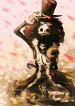  1boy afro ascot brook_(one_piece) cherry_blossoms commentary_request eyewear_on_head falling_petals hand_on_headwear highres looking_at_viewer male_focus one_piece pants partially_colored petals skeleton solo torapunch twitter_username 