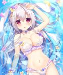  1girl :o ameto_yuki animal_ears arm_up bare_shoulders bikini blanc_(ameto_yuki) bracelet breasts bunny_ears caustics choker cleavage flower frilled_bikini frills highres jewelry large_breasts long_hair looking_at_viewer lying navel on_back open_mouth original petals pink_flower red_eyes silver_hair solo stomach swimsuit water 