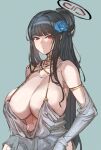  1girl bare_shoulders black_hair blue_archive blue_flower blush bow_(bhp) breasts cleavage closed_mouth detached_sleeves dress flower grey_background grey_dress grey_sleeves hair_flower hair_ornament halo large_breasts long_hair red_eyes rio_(blue_archive) simple_background solo upper_body 