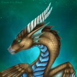 ambiguous_gender blue_body blue_scales brown_body brown_scales desert desertyrain_minrok dragon feral glowing green_background green_eyes headshot_portrait horn portrait scales selianth simple_background solo space star white_horn