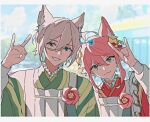  2boys androgynous animal_ears apron blue_eyes closed_mouth ensemble_stars! fox_boy fox_ears green_eyes green_kimono grey_hair himemiya_tori japanese_clothes kimono koi_koi_cafe_(ensemble_stars!) looking_at_viewer male_focus multiple_boys pink_hair red_kimono smile teeth tenshouin_eichi tmng_(rei_eichi) white_apron 