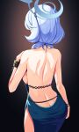  1girl ako_(blue_archive) ako_(dress)_(blue_archive) back bare_back bare_shoulders black_background blue_archive blue_dress blue_hair blue_halo breasts commentary_request dress evening_gown from_behind gradient_background halo highres medium_breasts medium_hair official_alternate_costume pankeiki sideboob single_handcuff solo 