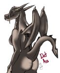 anthro butt dragon dritazura female horn membrane_(anatomy) membranous_wings presenting presenting_hindquarters raised_tail simple_background smile solo tail wings