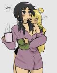  2girls :o absurdres ahoge alternate_costume alternate_universe black_choker black_eyes black_hair blonde_hair blush chito_(shoujo_shuumatsu_ryokou) choker closed_eyes cup english_text highres holding holding_cup hug hug_from_behind low_twintails multiple_girls no_nose pajamas shoujo_shuumatsu_ryokou speech_bubble squidmiku thighs thought_bubble twintails white_background yuri yuuri_(shoujo_shuumatsu_ryokou) 