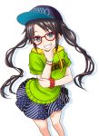  1girl bangs baseball_cap black_hair blue_eyes blue_skirt blush chin_stroking clothes_writing commentary_request diagonal-striped_skirt drawstring drop_shadow eyebrows_visible_through_hair green_hoodie grin hand_up hat hood hood_down hoodie idolmaster idolmaster_shiny_colors long_hair mitsumine_yuika momoda_yasuhito pleated_skirt polka_dot_skirt purple_headwear short_sleeves skirt smile solo swept_bangs twintails very_long_hair white_background 