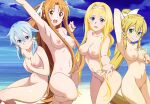  4girls :d alice_zuberg arm_behind_head arm_up armpits asuna_(sao) asuna_(stacia) beach blonde_hair blue_eyes blue_hair blue_sky braid braided_ponytail breasts brown_eyes brown_hair collarbone commentary_request completely_nude covering_breasts covering_privates embarrassed english_commentary french_braid green_eyes hair_between_eyes hair_ribbon hairband large_breasts leafa leafa_(terraria) light_blue_hair long_hair looking_at_viewer medium_breasts mixed-language_commentary multiple_girls navel nipples nude ocean official_style outstretched_arm pussy reaching reaching_towards_viewer ribbon short_hair_with_long_locks sinon sinon_(solus) sky smile standing standing_on_one_leg sword_art_online sword_art_online:_alicization thighs twin_braids uncensored vancogk very_long_hair white_hairband white_ribbon 