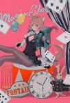  1girl ace_(playing_card) ace_of_hearts ace_of_spades analog_clock animal_ears arm_support balloon birdcage black_capelet blonde_hair blunt_bangs blush bow bowtie breasts cage capelet card cat_ears cat_tail cleavage_cutout clock closed_mouth clothing_cutout dress english_text facial_mark feet_out_of_frame four_of_clubs frilled_dress frills genshin_impact gloves hand_up hat heart highres holding holding_balloon juliet_sleeves legs_up long_hair long_sleeves low_ponytail lynette_(genshin_impact) nine_of_spades omochichi96 pantyhose parted_bangs playing_card puffy_sleeves purple_eyes rabbit short_dress shrug_(clothing) sign sitting small_breasts solo spade_(shape) star_(symbol) tail top_hat very_long_hair 
