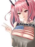  1girl absurdres alternate_costume american_flag azur_lane bangs bare_shoulders breasts bremerton_(azur_lane) casual cleavage cleavage_cutout covered_nipples crop_top grey_shirt hair_between_eyes headgear heart heart_necklace highres kilroylw looking_at_viewer mole mole_on_breast mole_under_eye multicolored_hair nipple_piercing open_mouth piercing pink_hair red_eyes shirt streaked_hair tongue tongue_out twintails upper_body v 