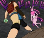 absurd_res anthro backpack black_clothing brown_belt chest_tuft clothed clothing duo female hair hi_res human humanoid jojo&#039;s_bizarre_adventure long_hair lovander male mammal meme menacing_approach nude pal_(species) pal_sphere pal_tamer palworld parody pink_body pink_hair purple_eyes quake-1 scalie tuft