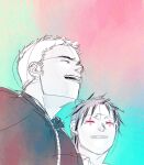  2boys aikawa_(dorohedoro) closed_eyes colored_tips couple dorohedoro facial_mark greyscale_with_colored_background happy jade_drop laughing male_focus medium_sideburns multicolored_hair multiple_boys no_eyebrows risu_(dorohedoro) side-by-side sketch smile thick_eyebrows yaoi 
