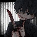  1boy black_eyes black_hair black_sweater blood blood_on_face blood_on_hands blood_on_knife blood_on_weapon blush cable_knit earrings haep0912 highres holding holding_knife jewelry knife looking_at_viewer male_focus pixel_art short_hair smile solo stud_earrings sweater tongue tongue_out tsugino_haru turtleneck turtleneck_sweater weapon zeno_(game) 