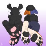 3_toes anthro barefoot beanie big_butt black_body black_fur butt calico_cat camille_(fortnite) claws clothing digital_media_(artwork) domestic_cat duo epic_games feet felid feline felis female female/female foot_fetish foot_focus fortnite fur hat headgear headwear hi_res humanoid mammal meow_skulls_(fortnite) murid murine nepetasass pawpads paws piercing rat rear_view rodent soles toe_claws toes