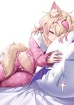  1girl animal_ear_fluff animal_ears bed_sheet blonde_hair closed_eyes closed_mouth clothes_lift commentary curry_bowl dog_ears dog_girl dog_tail fingernails frilled_sleeves frills hair_between_eyes hairband highres hololive hugging_object long_sleeves low_twintails lying midriff mococo_abyssgard multicolored_hair nail_polish navel on_bed on_side pajamas pants paw_print pink_hair pink_hairband pink_nails pink_pajamas pink_pants pink_shirt shirt shirt_lift short_hair short_twintails simple_background sleeping smile solo stomach streaked_hair stuffed_toy symbol-only_commentary tail twintails two-tone_hair virtual_youtuber white_background 
