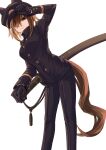  1girl absurdres adjusting_clothes adjusting_headwear black_gloves black_headwear black_jacket brown_hair buttons cheval_grand_(umamusume) gloves hair_over_one_eye hat highres horse_tail jacket leaning_to_the_side multicolored_hair murderdoll1641 pants police police_uniform reverse_trap sheath sheathed simple_background solo sword tail two-tone_hair umamusume uniform weapon white_background white_hair 