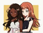  2girls arm_around_waist bare_shoulders black_nightgown brown_hair dark-skinned_female dark_skin fire_emblem fire_emblem_engage highres long_hair looking_at_viewer multiple_girls nightgown oda32t open_mouth orange_hair panette_(fire_emblem) red_eyes star-shaped_pupils star_(symbol) symbol-shaped_pupils timerra_(fire_emblem) upper_body white_nightgown yellow_eyes yuri 