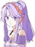  1girl bare_shoulders closed_mouth detached_sleeves dress fire_emblem fire_emblem:_genealogy_of_the_holy_war fukui hairband long_hair looking_at_viewer ponytail purple_dress purple_eyes purple_hair red_hairband smile solo tailtiu_(fire_emblem) upper_body white_background 