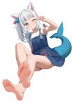  1girl absurdres animal_ears barefoot blue_eyes blue_hair blue_nails blue_skirt blunt_bangs blush cat_ears closed_mouth crossed_ankles cube_hair_ornament dutch_angle fanteam feet fins fish_tail foot_focus frilled_sleeves frills gawr_gura gawr_gura_(casual) grey_hair hair_ornament hand_up highres hololive hololive_english invisible_chair long_hair looking_at_viewer miniskirt multicolored_hair nail_polish official_alternate_costume one_eye_closed shark_girl shark_tail shirt short_sleeves side_ponytail sidelocks simple_background sitting skirt skirt_set smile soles solo streaked_hair tail toenail_polish toenails toes v virtual_youtuber white_background white_shirt 